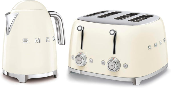 Smeg 50’s Style Retro Range Breakfast Set, 1.7L 3000W Kettle and Multi-Functional Control 4-Slice 2000W Toaster, Cream