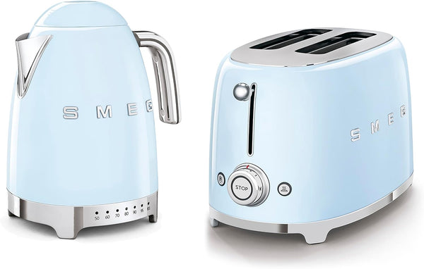 Smeg 50’s Style Retro Range Breakfast Set, 1.7L 3000W Variable Temperature Kettle and Multi-Functional Control 2-Slice 950W Toaster, Pastel Blue